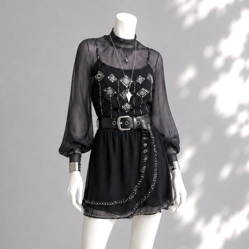 Forever 21 Black Silver Beaded Sequin Mini Dress L Blouson Goth Party Dress - Picture 2 of 9